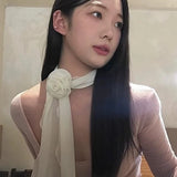 Daiiibabyyy  Women French Long Rose Flower Silk Scarf Flutter Shirt Y2K Fashion Temperament Accessories Summer Sunscreen Sunshade Scarfs