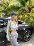 DAIIIBABYYY  -  American Hot Girl Hollow V-neck T-shirt for Women's Spring Long-sleeved Grey Slim Fit Sexy Short Top Fashion Female Clothes