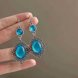 Daiiibabyyy  Luxury Court Style Large Oval Sky-blue Purple Cracked Imitation Gemstone Pendant Dangle Earrings for Women Retro Bohemia Jewelry