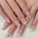 Daiiibabyyy  White Glitter Powder Bowknot Long Pointed Fake Nails Art Ballet False Nail Cow Print Pearl Rhinestone Pink Almond Press on Nails