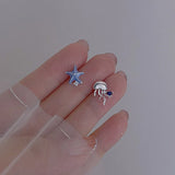 Daiiibabyyy  Cute Small Starfish Jellyfish Asymmetric Stud Earrings For Women Metal Enamel Shell Earrings Sweet Romance Jewelry Gifts