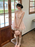 Daiiibabyyy  Coquette Sweet Vintage Lolita 2 Piece Dress Set Women Lace Bow Halter Puff Strap Ruched Waist Slim Fit Mini Dress Elegant Outfit