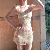 Daiiibabyyy  Gentle French Style Broken Flowers Mini Dress Summer Square Collar Women's Clothing Flying Sleeve Stylish Lace Spliced Dresses