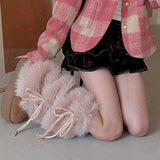 Daiiibabyyy  Punk Bow Tie Faux Rabbit Fur Leg Warmers Winter Warm Thickened Plush Leggings Socks Cold Protective Y2kBoot Cover  Socks