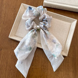 Daiiibabyyy  1PC Chiffon Scrunchies with Bow & Pearl: Watercolor Print Hair Ties for Women, Elegant Hair Accessories for Daily & Party Looks