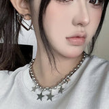 DAIIIBABYYY  -  Punk Style Metal Round Bead Collarbone Chain Necklace for Women Girls Retro Star Pendant Chokers Y2K Hip Hop Rock Party Jewelry