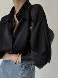 Daiiibabyyy White Satin Blouse Women Vintage Striped Shirts Female Elegant Long Sleeve Polo Neck Tops Ladies Casual Single Breasted Blusas