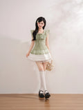 Daiiibabyyy  Vintage Japanese Square Collar Short Sleeve Solid Lace Patchwork Bow Women Blouse