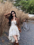Daiiibabyyy  White Irregular Suspender Dress Fairy Early Spring and Autumn French Style Escape Princess Style Waist-closing Skirt