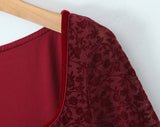 Daiiibabyyy  Sexy Wine red Flocking Flower Mesh Flare Sleeve Dress Woman Bow Square neck Package Hips A-line Mini Party Robe Bodycon