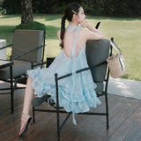 Daiiibabyyy  Vestidos De Mujer Sweet Jacquard Slip Dress Women Skew Collar A-line Summer Ruffled Robe Femme Backless Bandage Dresses