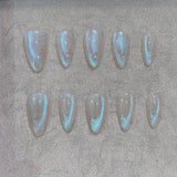 Daiiibabyyy  10 pieces of pure handmade almond-shaped nails, blue cat's eye glittering and flashing butterfly sequins, blue tears, suitable f