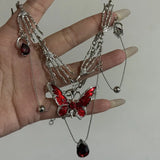 Daiiibabyyy  Gothic Red Butterfly Crystal Pendant Sliver Ghost Claw Short Choker Chain Necklace For Women Punk Y2K Charms Jewelry Accessories