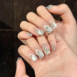 Daiiibabyyy  10pcs Hand-carved 3D Ice Flower Press On Nails Light Blue French Style Cat Eye Handmade False Nail Ins Charm Wearable Fake Nail