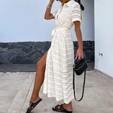 Daiiibabyyy Elegant Lapel Lace-up Long Dress Summer Casual Short Sleeve Solid Shirt Dress Women Fashion Hole Hollow Button Waist Party Dress