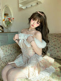 DAIIIBABYYY  -  Japan Short Lolita Pink Castle Love Letter Lace Design Feeling One Shoulder Bow Splice Waist Closing Dress Women 2024 New