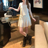 Daiiibabyyy  Women's Clothing Fashion Folds Spliced Slip Dresses Solid Color Summer New French Style A-Line Basic Waist Sleeveless Mini Dress