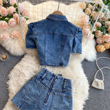 Daiiibabyyy  American Retro Denim Sets for Women Polo Collar Hollow Out Tops+High Waist Bandage Hot Shorts Girls Two-piece Set