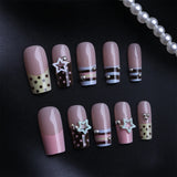 Daiiibabyyy  24pcs Y2K Sweet Stars Press On Nails Blue Brown Stripes French Style False Nails Wave Point Designs Autumn Vintage Fake Nail