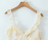 Daiiibabyyy  Sexy Wood ears V neck Light Yellow Floral Print Ruffles Strap Sling Dress Summer Woman Ruffles Hem Midi Dresses Robe Vestidos