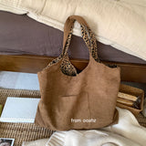 Daiiibabyyy  Double-Sided Wear Suede Shoulder Bag Leopard Print Canvas Tote Casual Unisex Square Bag Open Top Shoulder Bag for Commuting