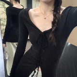 DAIIIBABYYY  -  Harajuku Sun Protection Tees Women Y2k Aesthetic Single Breasted Vintage Bandage T-Shirt 2025 Streetwear Sexy Bodycon Grunge Top