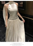 Daiiibabyyy  French Fashion Luxury Halter Neck Evening Gown Women Sexy Backless Sleeveless Slim-Fit Long Party Dress High-street Casual Robe