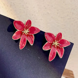 Daiiibabyyy  Vintage Dark Red Enamel Flower Stud Earrings European and American Vacation Style Sweet Floral Jewelry For Women