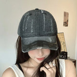 DAIIIBABYYY  -  New Washed Cotton Baseball Cap Unisex Hip Hop Street Sun Hat Outdoor Soft Top Distressed Letters Denim Peaked Cap