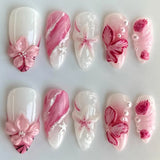 Daiiibabyyy  24pcs Wearable Fake Nails Pink Long Almond False Nail Flower Starfish Pattern Design Press on Nails Pearl Full Cover Nail Tips