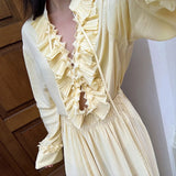 Daiiibabyyy  2025 Elegant Sexy Chiffon Summer Tops Pleated Ruffles Trim V-neck Long Sleeved Sheer Loose Shirts Blouse Holiday Streetwear