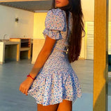 Daiiibabyyy  blue floral Printed Ruffle Mini Dress Smocked puff sleeves cute summer dress round neck sexy women dress