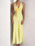 Daiiibabyyy  Sexy Elegant Party Long Dress Summer Solid Color V-Neck Halter Neck Backless Sleeveless Beach Maxi Fashion Dresses