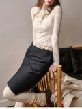 Daiiibabyyy  New French Style Double Layered Lace Hem Round Neck Slim Fit Design Printed Top Women Base Outer T-shirt
