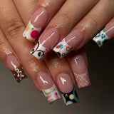 Daiiibabyyy  24pcs Sweet Cool French Style False Nails Wave Point Flower Designs Spicy Girl Press On Nails Medium Coffin European Fake Nail