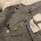 Korean Fashion Resin Flower Heart Necklace For Women Sweet Cute Rhinestone Irregular Geometrics Choker Chain Casual Jewelry Gift