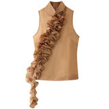 DAIIIBABYYY  -  Brown Women Camis Lapel Pleated Lace Vests Solid Retro Applique Sleeveless Fold Korean Fashion Vest Chic Summer Female Tops