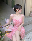 Daiiibabyyy  New Pink Romantic Floral Skirt Summer Slimming Solid Color Fashionable and Fresh Short Skirt Small Slim Strap Dress S6YW