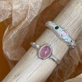 Daiiibabyyy  Sweet Pink Crystal Open Rings for Women Girls Korean Simple Silver Color Matte Irregular Adjustable Finger Rings Jewelry Gifts