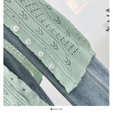 DAIIIBABYYY  -  Vacation Style Hollow Hook Flower Trumpet Sleeve V-neck Knitted Sweater Summer Bow Tie Single Breasted Mid Length Top