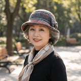 Daiiibabyyy  Vintage Thickened Middle Aged Women Bucket Hat Windproof Warm Bow Top Hat Short Brim Faux Woolen Cloche Hat Elderly Mom