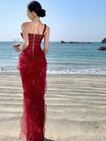 Daiiibabyyy  Retro Hong Kong Style Christmas Robe Red Tulle Neck Hanging Tube Top Atmosphere Dress Long Skirt Sleeveless A-Line Dress