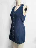 Daiiibabyyy  Summer Woman Denim Dress Cotton V Neck Jeans Dress High Waist Short Denim Dresses Mini Tie Back Jean Dress Front Buttons
