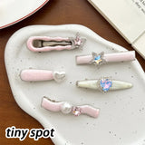 Daiiibabyyy Girls Y2k Hairpins Sweet Rhinestone Pearl Love Side Bangs Hair Clip Female Ladies Barrettes Duckbill Clip Women Hair Accessories