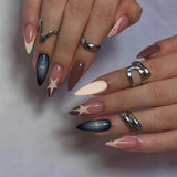 Daiiibabyyy  24PCS Dark Blue Gradient French False Nails Swirls Pattern Glossy Polka Dots Almond Press on Nails Wearable Sweet Cool Fake Nail