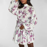 Daiiibabyyy  Fashionable Retro Chinese Style Women's Long Sleeves Dress with Drawstring Waist Printed Lace-Up Short Dress Elegant in Style