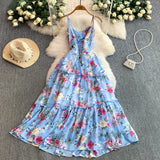Daiiibabyyy  Vintage New Printing Slip Dress for Women Fashion A-Line Ruffled Robe Femme Sweet Backless Korean Dresses Vestidos De Mujer