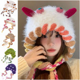 Daiiibabyyy  Creative Cartoon Animal Horn Knitted Hat Windproof Pullover Hats Thickened Ear Protection Beanies Hat For Woman Girls