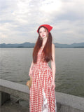 DAIIIBABYYY  -  Retro Red Plaid Holiday Long Dress Lace Patchwork Slash Neck Summer A Line Strap Dress Sleeveless Midi Beach Dress