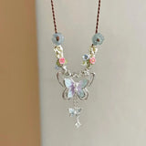 Daiiibabyyy  Gradient Blue Purple Butterfly Pendant Flower Hand Woven Rope Necklace Ethnic Style Vintage Jewelry Women Personalized Gifts